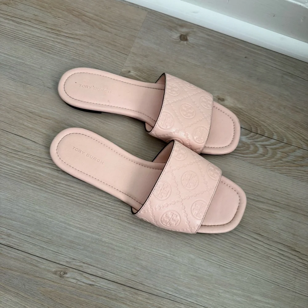 Tory Burch Sandals T Monogram Slides in Blush Pink Leather